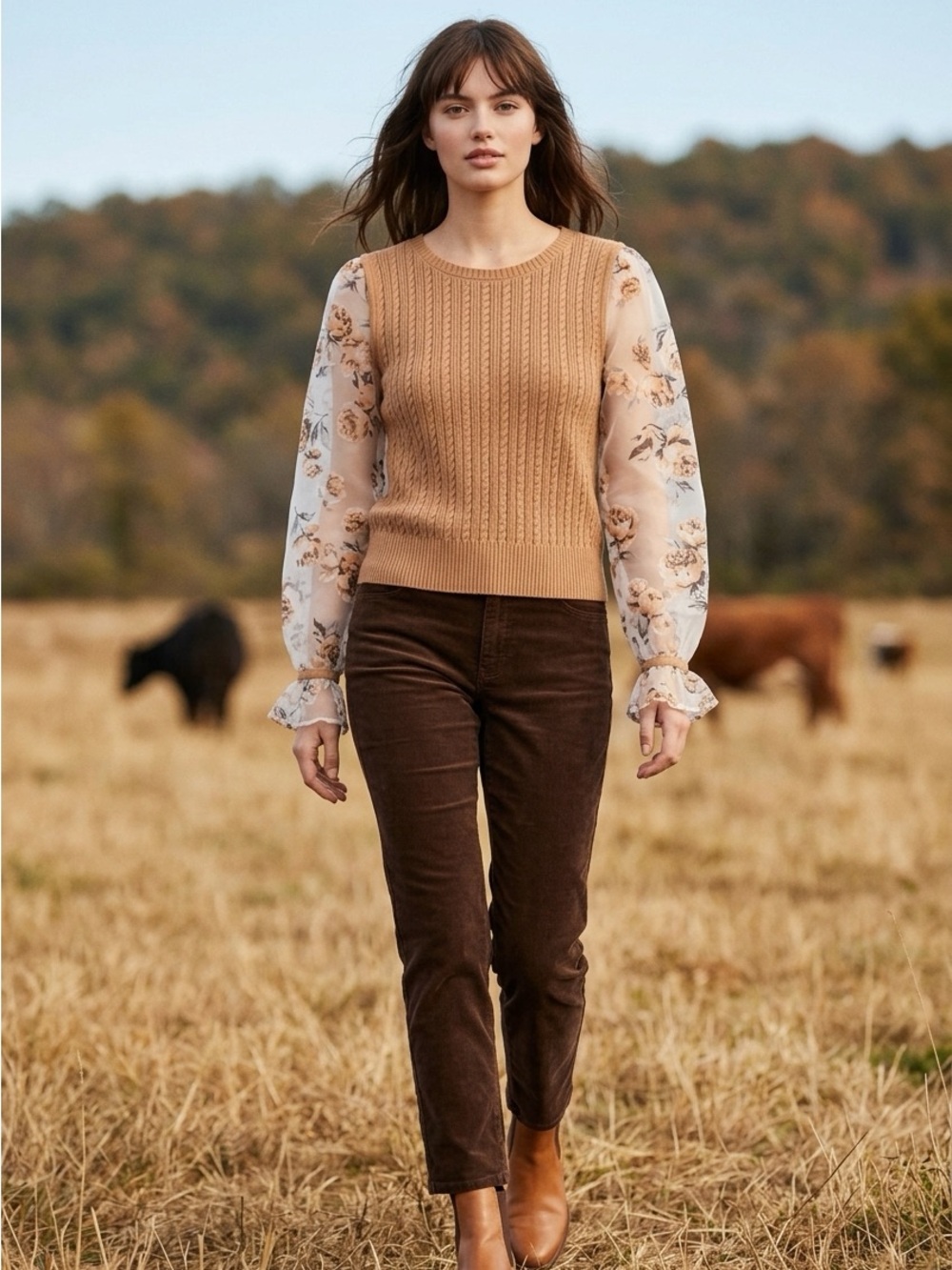 Anthropologie Maeve Cable Knit Pullover with Floral Sheer Puff Sleeves Large - Picture 2 of 7